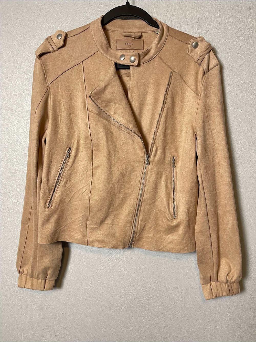 Blank NYC- Faux Suede Moto Jacket in Tan